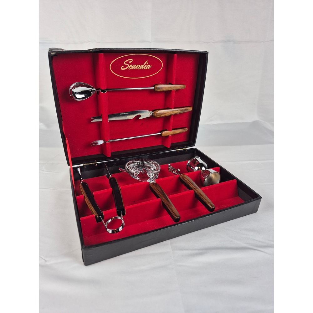 Vintage Scandia Barware Tool Set 7 Piece Stainless Steel Wood Handles MCM Box